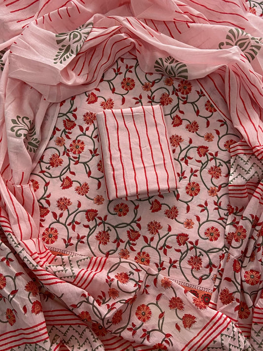 ELEGANT HAND BLOCK PRINT COTTON SUIT SET WITH MULMUL DUPATTA(WACOTMU31)