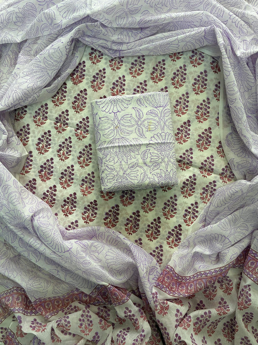 ELEGANT HAND BLOCK PRINT COTTON SUIT SET WITH MULMUL DUPATTA(WACOTMU39)