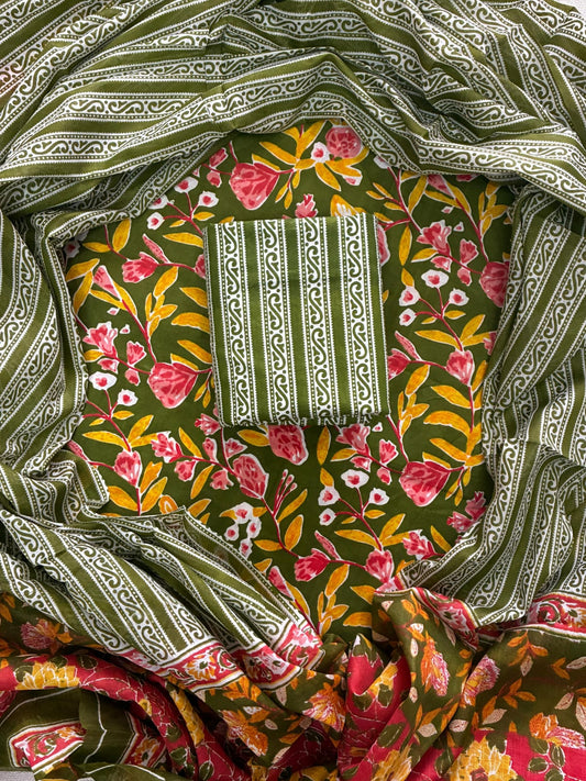 ELEGANT HAND BLOCK PRINT COTTON SUIT SET WITH MULMUL DUPATTA(WACOTMU43)