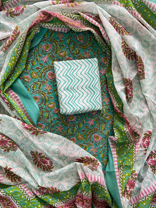 ELEGANT HAND BLOCK PRINT COTTON SUIT SET WITH MULMUL DUPATTA(WACOTMU44)