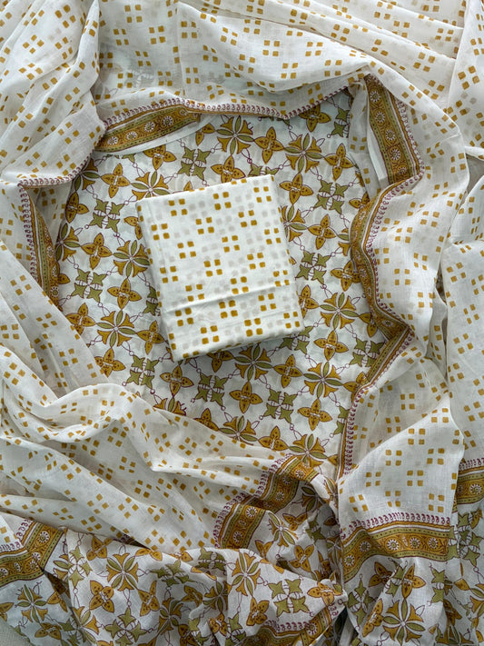 ELEGANT HAND BLOCK PRINT COTTON SUIT SET WITH MULMUL DUPATTA(WACOTMU47)