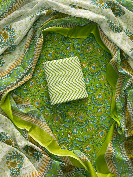 ELEGANT HAND BLOCK PRINT COTTON SUIT SET WITH MULMUL DUPATTA(WACOTMU52)