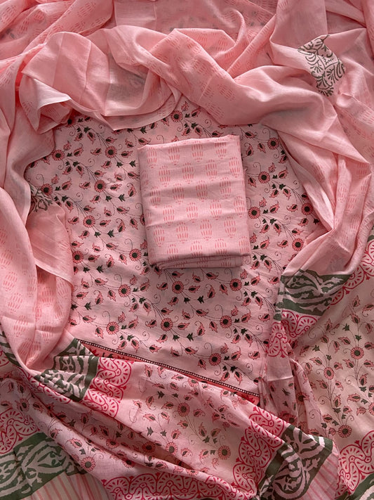ELEGANT HAND BLOCK PRINT COTTON SUIT SET WITH MULMUL DUPATTA(WACOTMU54)