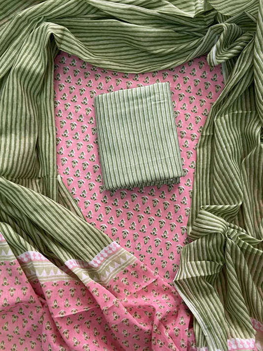 ELEGANT HAND BLOCK PRINT COTTON SUIT SET WITH MULMUL DUPATTA(WACOTMU82)