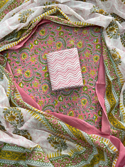 Designer Hand Block Print Cotton Suit Set with Mulmul Dupatta(WACOTMU81)