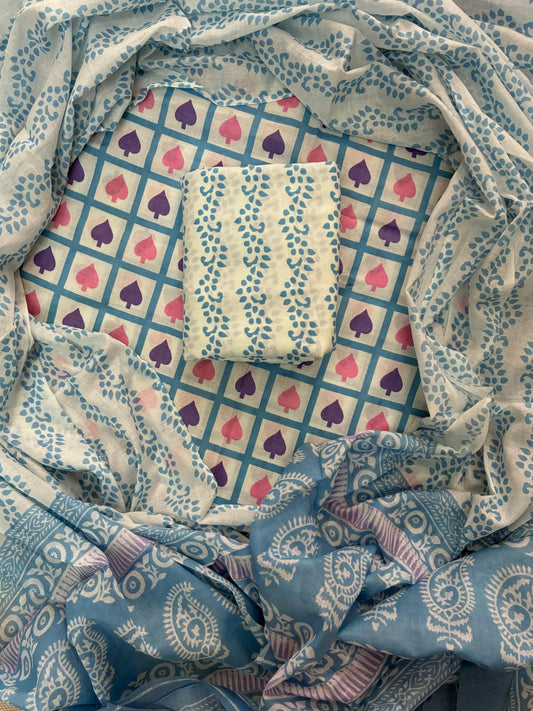 ELEGANT HAND BLOCK PRINT COTTON SUIT SET WITH MULMUL DUPATTA(WACOTMU85)