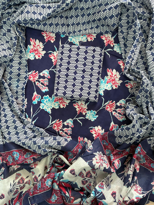 ELEGANT HAND BLOCK PRINT COTTON SUIT SET WITH MULMUL DUPATTA(WACOTMU83)