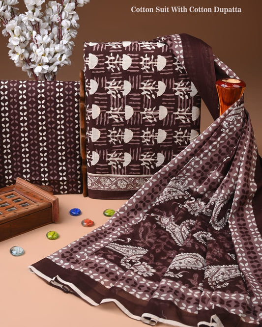 Designer Hand Block Print Cotton Suit Set with Mulmul Dupatta(WACOTMU98)