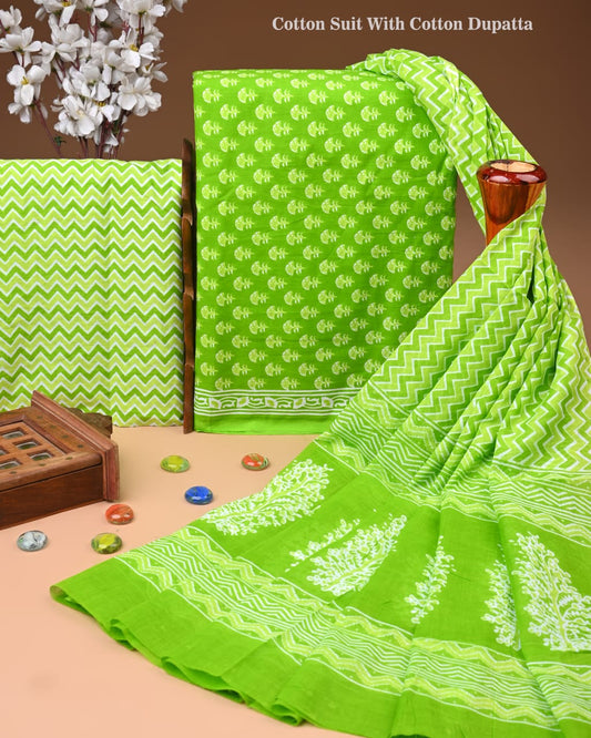 Designer Hand Block Print Cotton Suit Set with Mulmul Dupatta(WACOTMU96)