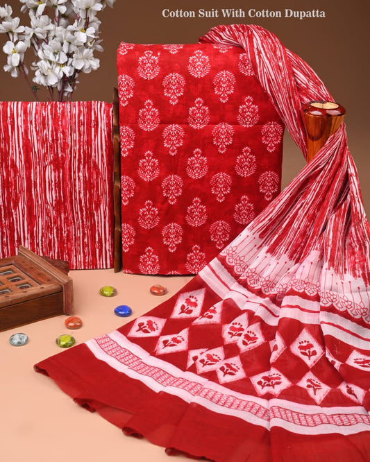 ELEGANT HAND BLOCK PRINT COTTON SUIT SET WITH MULMUL DUPATTA(WACOTMU97)