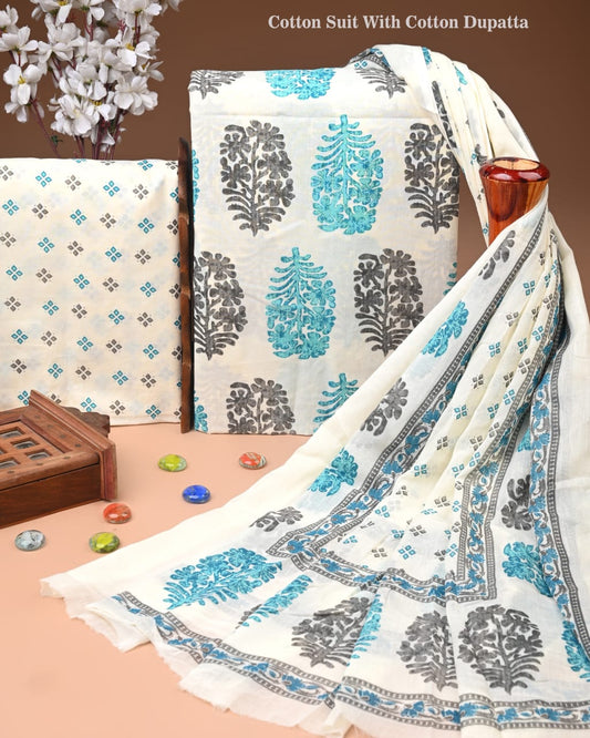 ELEGANT HAND BLOCK PRINT COTTON SUIT SET WITH MULMUL DUPATTA(WACOTMU99)