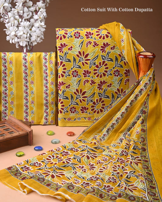 ELEGANT HAND BLOCK PRINT COTTON SUIT SET WITH MULMUL DUPATTA(WACOTMU102)