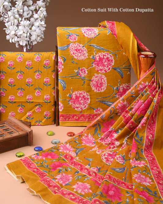 ELEGANT HAND BLOCK PRINT COTTON SUIT SET WITH MULMUL DUPATTA(WACOTMU101)