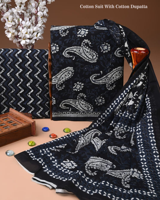 Designer Hand Block Print Cotton Suit Set with Mulmul Dupatta(WACOTMU105)