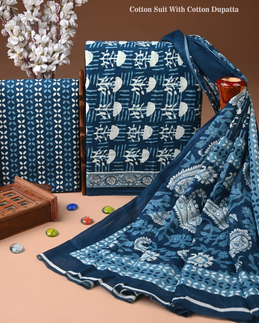 ELEGANT HAND BLOCK PRINT COTTON SUIT SET WITH MULMUL DUPATTA(WACOTMU104)