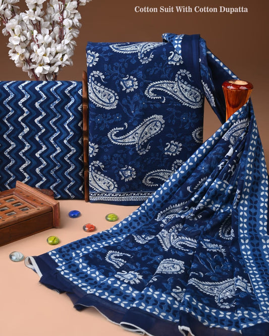 Designer Hand Block Print Cotton Suit Set with Mulmul Dupatta(WACOTMU107)