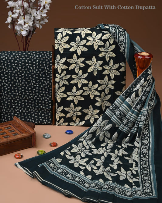 Designer Hand Block Print Cotton Suit Set with Mulmul Dupatta(WACOTMU106)