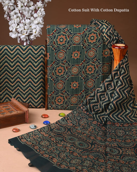 Designer Hand Block Print Cotton Suit Set with Mulmul Dupatta(WACOTMU109)