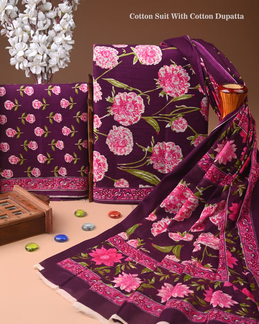 Designer Hand Block Print Cotton Suit Set with Mulmul Dupatta(WACOTMU111)