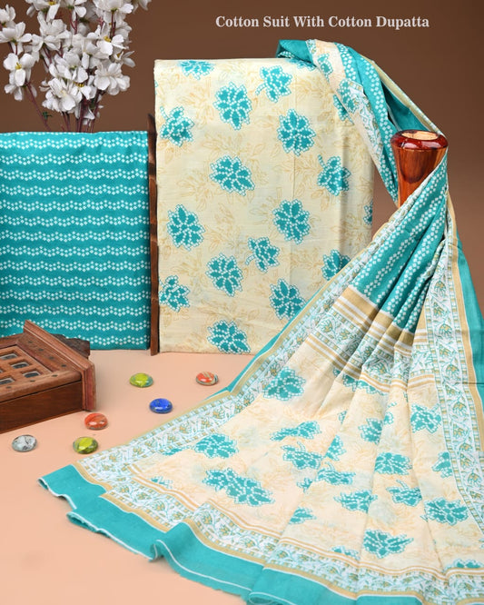 Designer Hand Block Print Cotton Suit Set with Mulmul Dupatta(WACOTMU110)