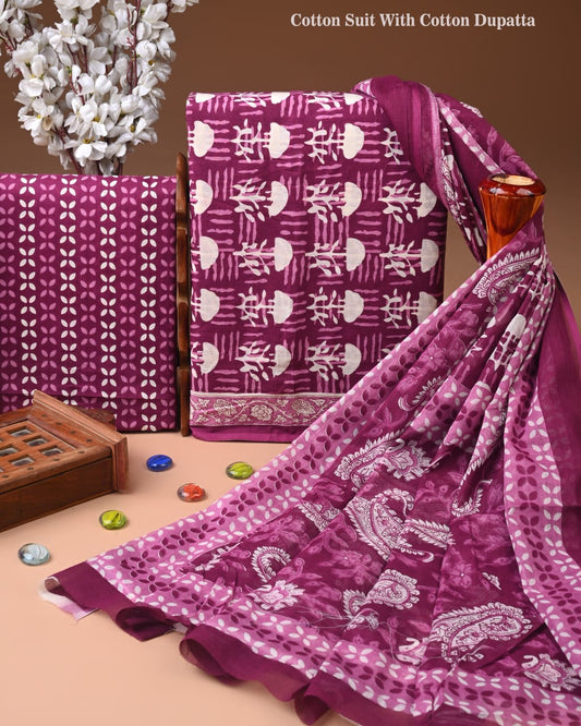 Designer Hand Block Print Cotton Suit Set with Mulmul Dupatta(WACOTMU114)