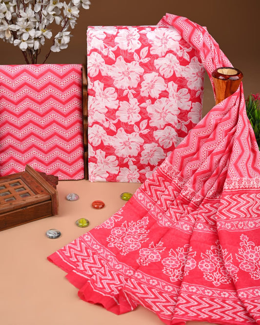 Designer Hand Block Print Cotton Suit Set with Mulmul Dupatta(WACOTMU113)