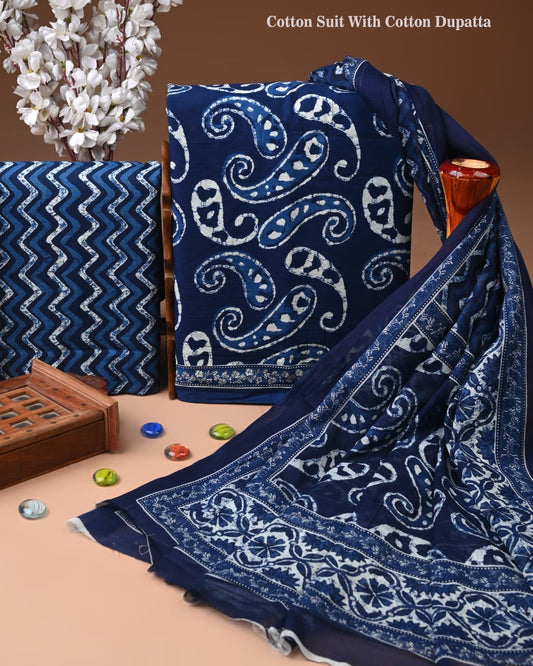 Designer Hand Block Print Cotton Suit Set with Mulmul Dupatta(WACOTMU115)