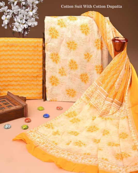 Designer Hand Block Print Cotton Suit Set with Mulmul Dupatta(WACOTMU121)