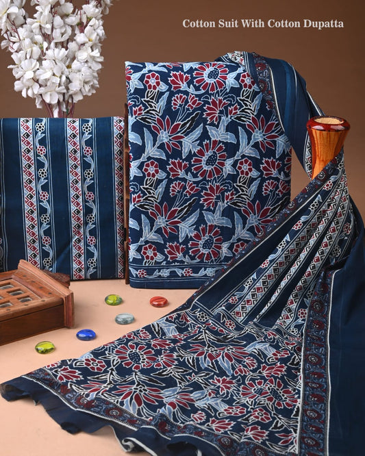 Designer Hand Block Print Cotton Suit Set with Mulmul Dupatta(WACOTMU122)