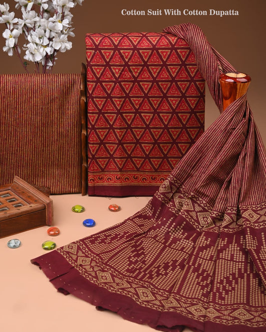 Designer Hand Block Print Cotton Suit Set with Mulmul Dupatta(WACOTMU118)