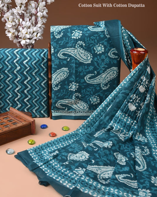 Designer Hand Block Print Cotton Suit Set with Mulmul Dupatta(WACOTMU124)