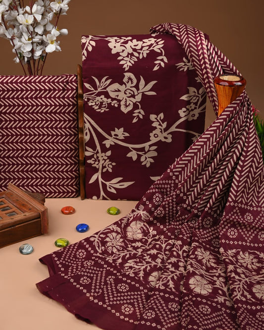 Designer Hand Block Print Cotton Suit Set with Mulmul Dupatta(WACOTMU125)