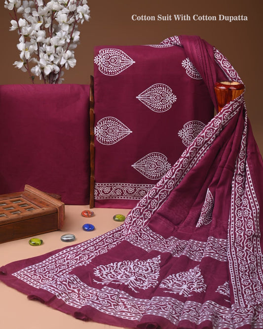 Designer Hand Block Print Cotton Suit Set with Mulmul Dupatta(WACOTMU128)