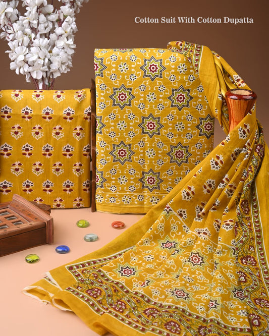 Designer Hand Block Print Cotton Suit Set with Mulmul Dupatta(WACOTMU127)