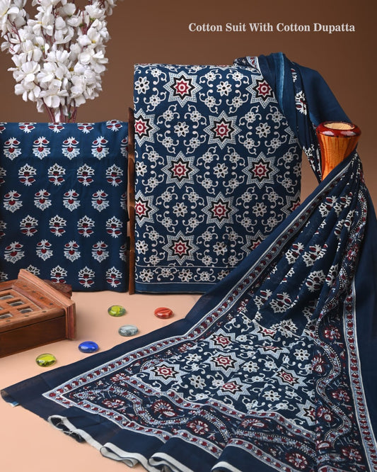Designer Hand Block Print Cotton Suit Set with Mulmul Dupatta(WACOTMU130)