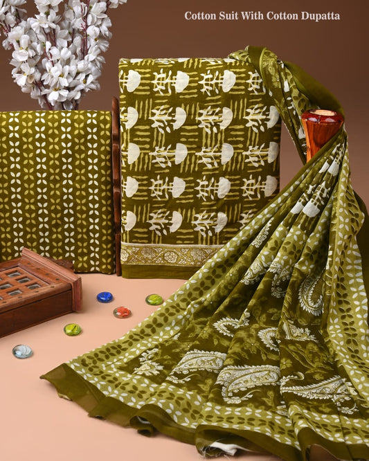 Designer Hand Block Print Cotton Suit Set with Mulmul Dupatta(WACOTMU133)
