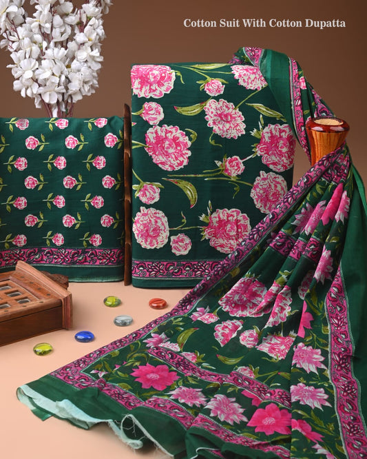 Designer Hand Block Print Cotton Suit Set with Mulmul Dupatta(WACOTMU132)