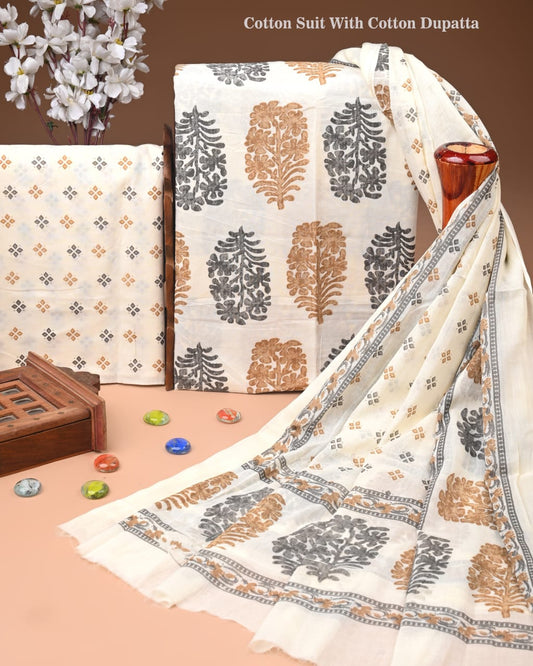 Designer Hand Block Print Cotton Suit Set with Mulmul Dupatta(WACOTMU134)