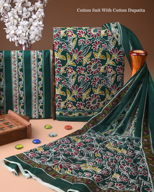 Designer Hand Block Print Cotton Suit Set with Mulmul Dupatta(WACOTMU135)