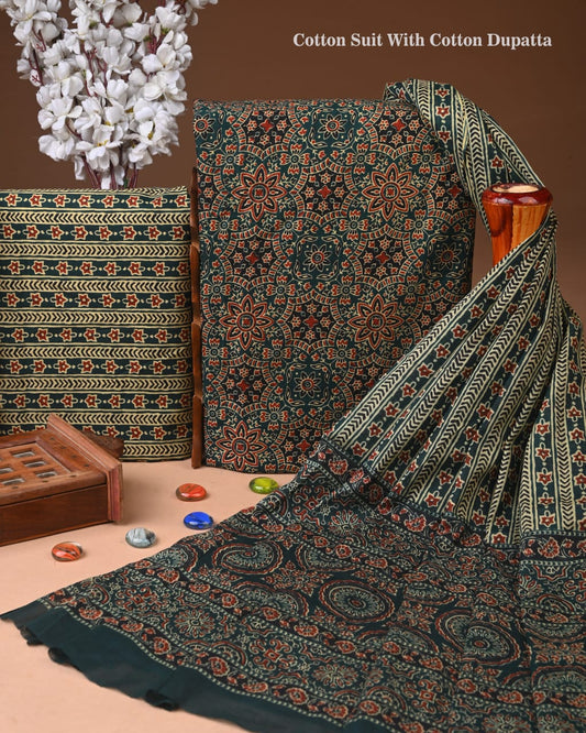 Designer Hand Block Print Cotton Suit Set with Mulmul Dupatta(WACOTMU136)