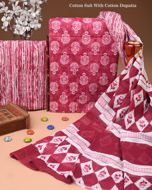 Designer Hand Block Print Cotton Suit Set with Mulmul Dupatta(WACOTMU140)