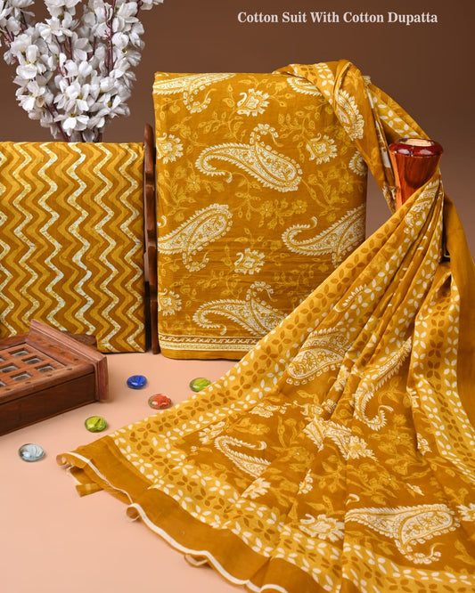Designer Hand Block Print Cotton Suit Set with Mulmul Dupatta(WACOTMU141)