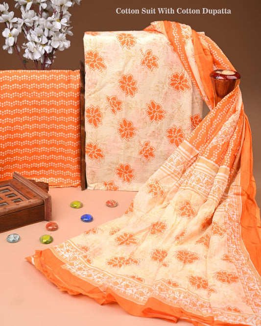 Designer Hand Block Print Cotton Suit Set with Mulmul Dupatta(WACOTMU142)