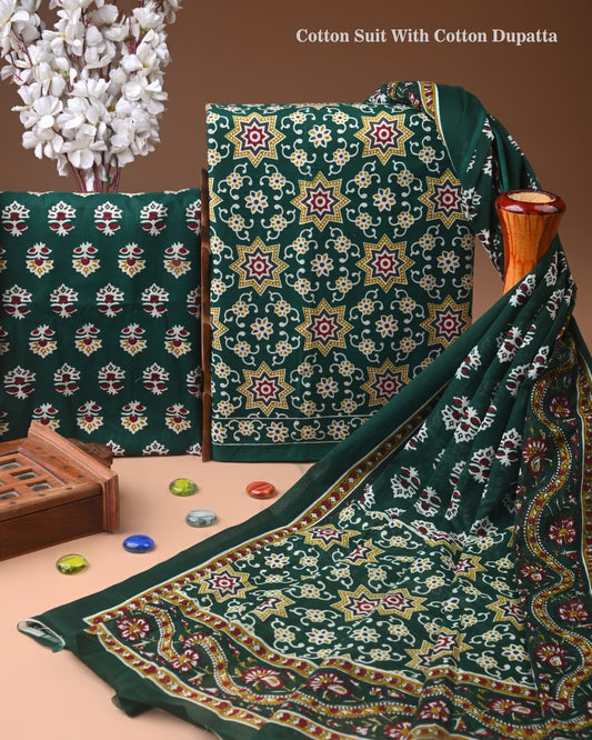Designer Hand Block Print Cotton Suit Set with Mulmul Dupatta(WACOTMU143)