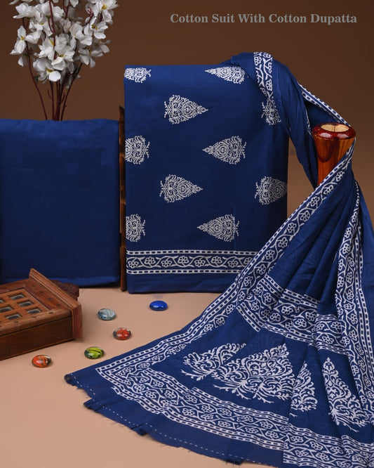Designer Hand Block Print Cotton Suit Set with Mulmul Dupatta(WACOTMU147)