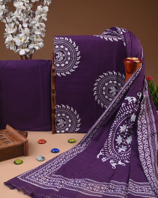 Designer Hand Block Print Cotton Suit Set with Mulmul Dupatta(WACOTMU145)