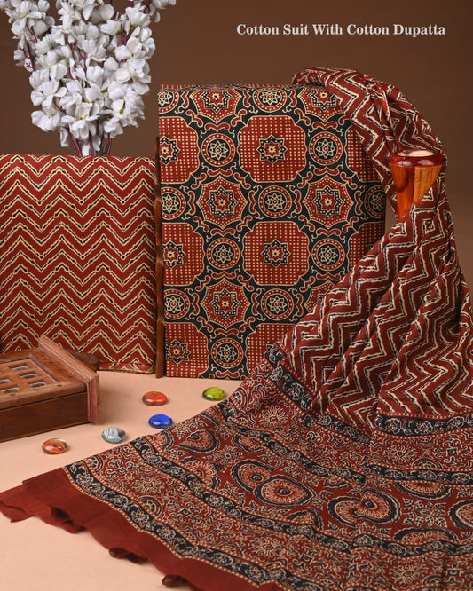 Designer Hand Block Print Cotton Suit Set with Mulmul Dupatta(WACOTMU146)