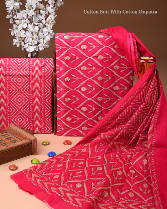 Designer Hand Block Print Cotton Suit Set with Mulmul Dupatta(WACOTMU148)