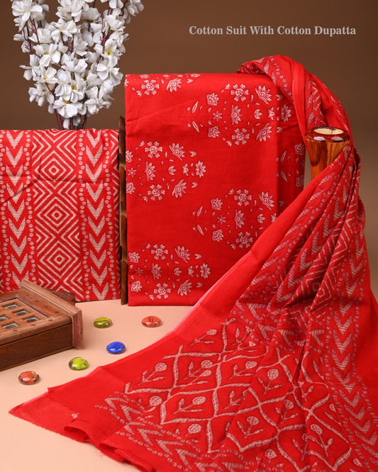 Designer Hand Block Print Cotton Suit Set with Mulmul Dupatta(WACOTMU149)
