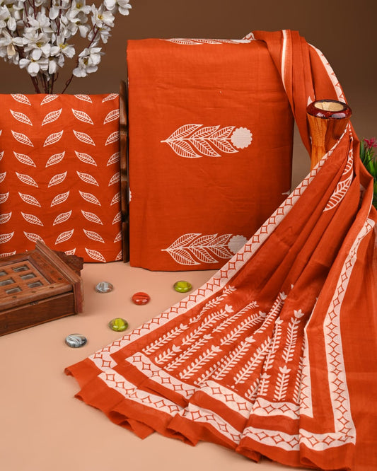Designer Hand Block Print Cotton Suit Set with Mulmul Dupatta(WACOTMU153)